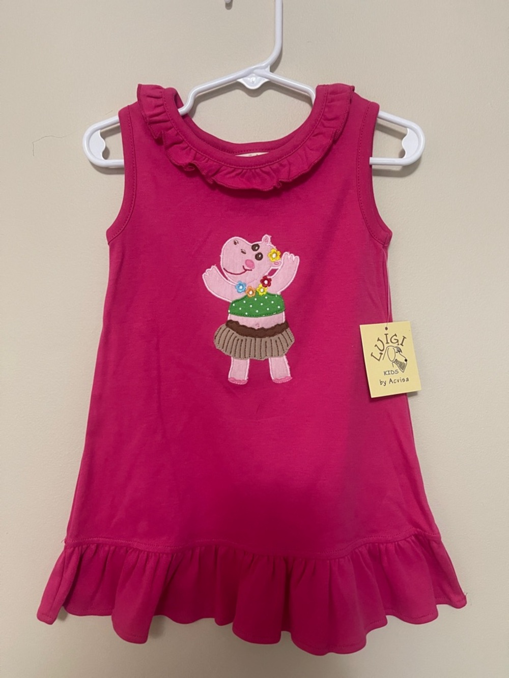 Boutique-Hot Pink Girls Tank Dress with Hippo Applique
